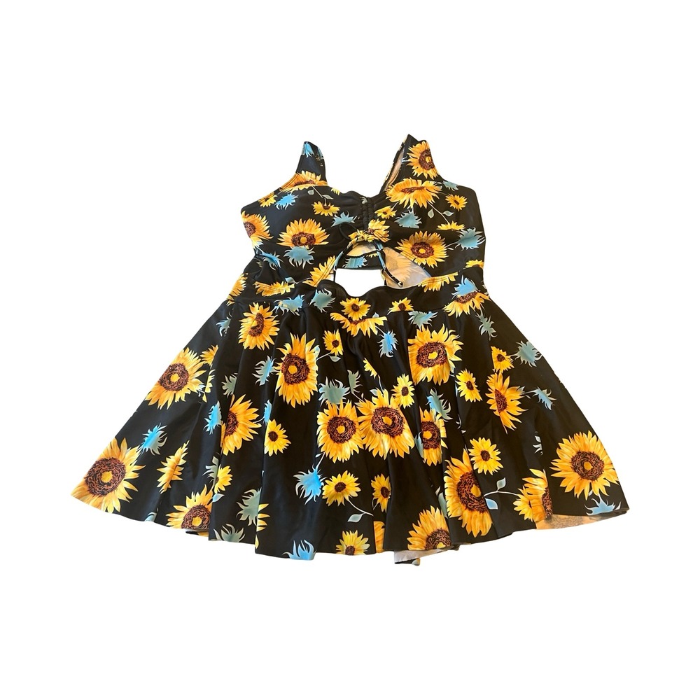 Sea Grove Sunflower Print Swim Dress Plus Size 3XL Black Yellow Cutout One Piece